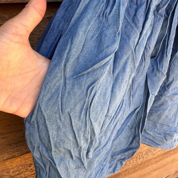 Off-The-Shoulder Chambray Dress With Floral Embroidery & Smocked Bodice Size S X - Picture 8 of 10